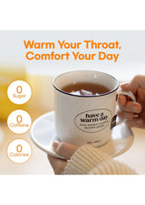 White mug with text holding a cup of tea, surrounded by text about health benefits.