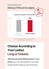 Product advertisement for eyelash makeup with waterproof testing results and usage tips.
