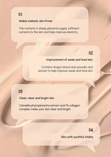 Text bubbles describing the benefits of a skincare product on a skin texture background