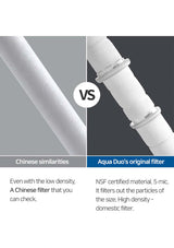 Comparison between a Chinese filter and Aqua Duo's original filter on a gray background.