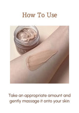 Cosmetic cream jar with a swatch on skin and text on a beige background