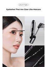 Mascara with applicator and close-up of lashes on a white background