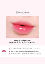 Lip gloss application guide with a close-up of lips and text instructions.