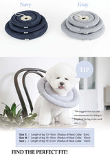 Dog neck collar in navy and gray with size chart and tip on a white background