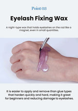 Eyelash fixing wax being applied to a hand with text describing its use.