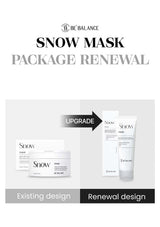 Comparison of existing and renewal design packaging for BE Balance Snow Mask on a white background.