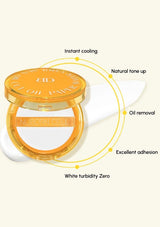 Compact powder with features highlighted on a white background