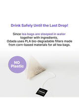Tea bag with Odada label on a white background, featuring text about PLA bio-degradable filters.