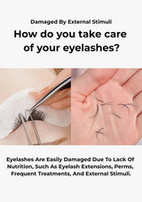 Text about taking care of eyelashes with images of eyelash extensions and damaged lashes.