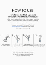Instructions on how to use a Multi Liposome Hyaluronic Acid Moisture Ampoule with text and diagrams.
