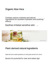 Advertisement for organic aloe vera with text and images of bottles and boxes on a white background.