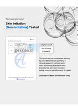 Product packaging with dermatologist-tested skin irritation and non-irritation information, featuring a clinical research institute logo.