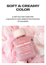 Balmy Rose lip potion bottle on pink floral background with text about soft rose color
