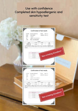 Two test result cards with 'Non-irritating (Excellent)' rating on a wooden surface with white flowers in the background.