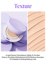 Makeup product with texture description on a white background