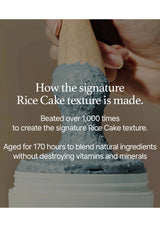 Rice cake texture being made with a wooden tool, text explaining the process.