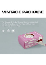 Pink packaging of a lip potion with text about eco-friendly materials on a gray background