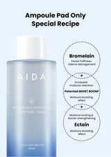 AIDA hyalumonemulti-liposome moisture liquid bottle with product features on a light blue background