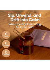 Glass of tea with a tea bag on a wooden surface, accompanied by text promoting relaxation.
