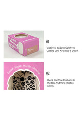 Pink box with a cutout window displaying a product, accompanied by text instructions.