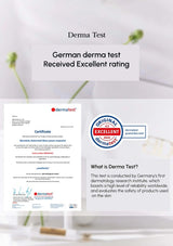Derma Test certification with a 'Excellent' rating on a white background