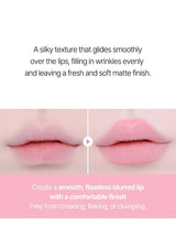 Lips with a smooth, matte finish and text describing product features.