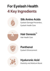 List of key ingredients for eyelash health with icons and descriptions on a white background