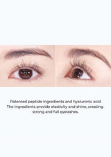 Before and after comparison of eyelashes with text about patented peptide ingredients and hyaluronic acid.