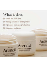 Arencia rice mukin glow serum jars with text on skin benefits on a white background