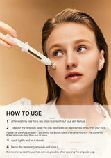 Woman applying a skincare product with an ampoule to her face, against a beige background.