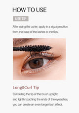Eyelash curler application guide with close-up of eye and text instructions.