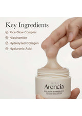 Arenicia rice mucin glow serum with key ingredients listed on a white background