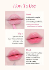 Instructions on how to use a lip product with close-up images of lips and text.
