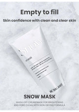 Snow mask packaging on a textured gray background with text about skin care benefits.