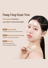 Woman holding a skincare product with text about its benefits on a beige background