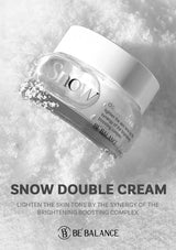 Snow Double Cream jar with snowflakes on a gray background, featuring the brand 'Be Balance'.