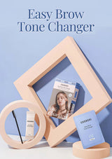 Cosmetics and packaging with 'Easy Brow Tone Changer' text on a light blue background
