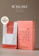 Salmonda Microfiber Mask packaging by Be' Balance Malaysia on a beige background