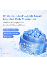 Hyaluronic Acid Capsule Cream packaging with blue capsules and jar on a light blue background