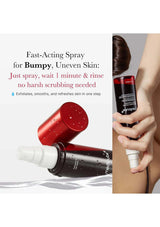 Fast-acting spray for bumpy, uneven skin with product and application demonstration.