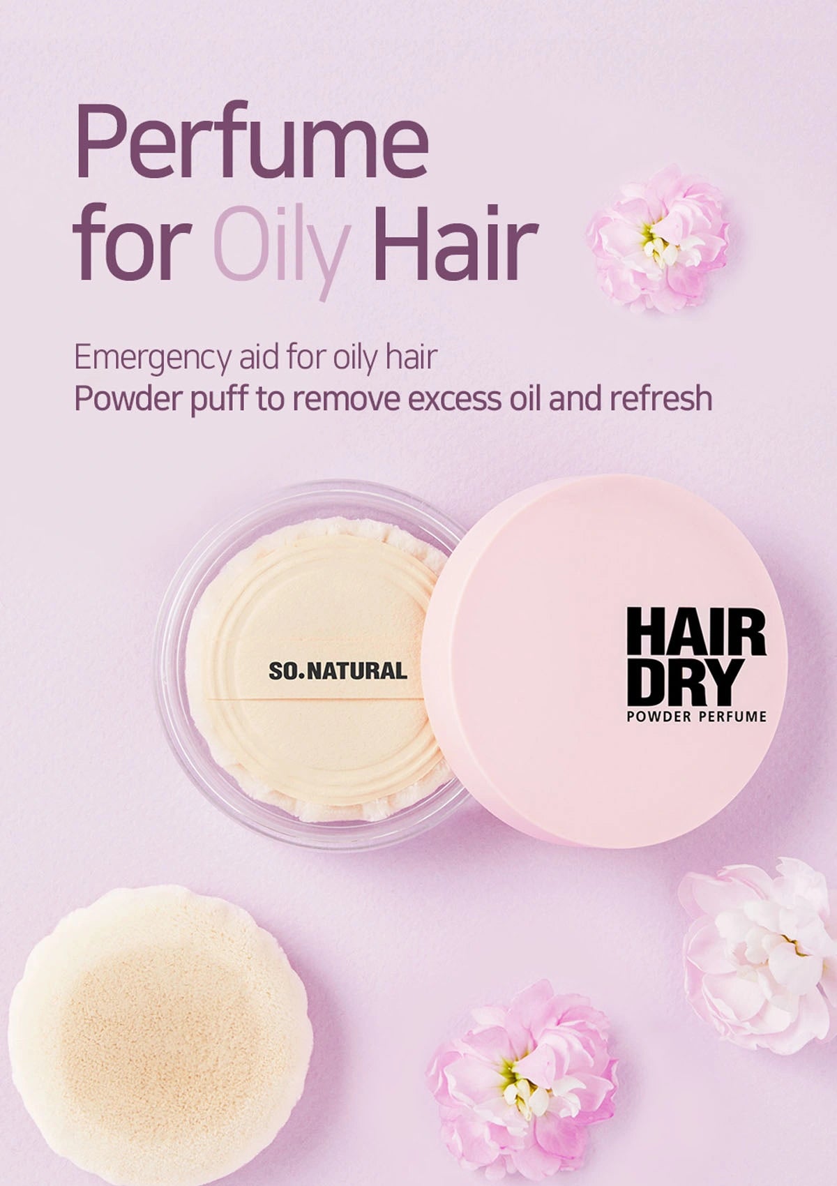 Hair dry powder perfume packaging with puff and flowers on a pink background