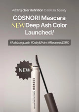 COSNORI mascara with text about a new deep ash color launch on a gray background