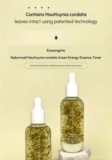 Two bottles of Eoseongcho Nuborncell Houttuynia cordata Green Energy Essence Toner on a light yellow background.