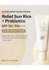 Sunscreen bottle with text about relief sun rice + probiotics SPF 50+ PA++++ from Beauty of Joseon.