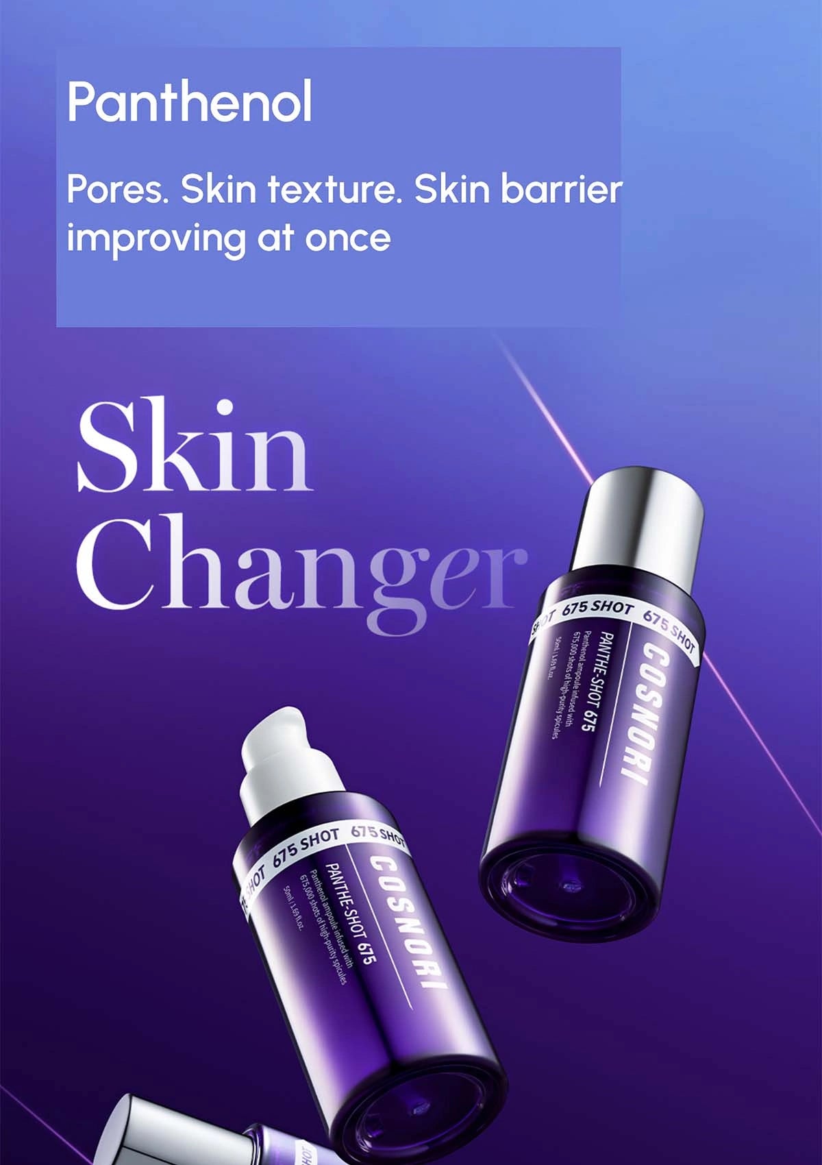 Cosmetic bottles labeled 'Cosnori' on a purple background with text about skin care benefits.