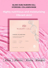 Nuborn Cell hydrogel collagen mask packaging on a pink background with text about benefits.