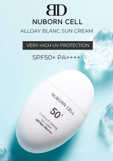 Nuborn Cell AllDay Blanc Sun Cream bottle with ice cubes on a light blue background