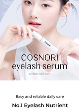 Woman holding a COSNORI eyelash serum with promotional text on a white background