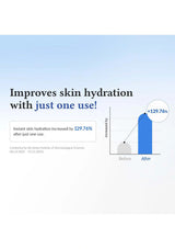 Advertisement for a skincare product showing improved skin hydration with a bar graph on a light blue background.