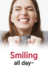 Woman smiling widely with text 'Smiling all day' on a white background